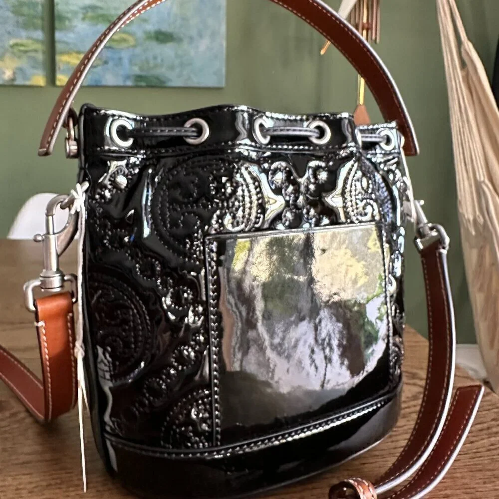 NWT! New! Tory Burch T Monogram Embroidered Patent Bucket Bag -BLACK Large